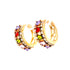 The Multi color Gemstone Zirconia Huggies Earrings in rose gold-filled are hypoallergenic and showcase vibrant square gemstones in shades like red, purple, and green. Accented with small clear stones, these stunning earrings are elegantly set against a white background.